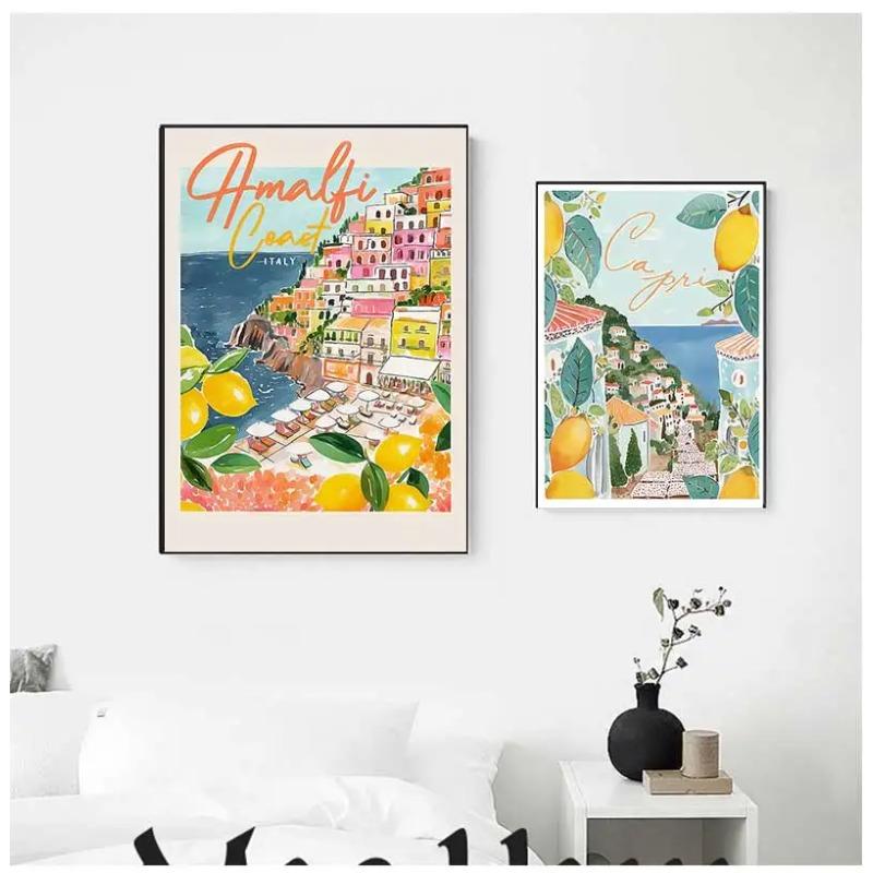 La Dolce Vita Limone Poster Stampe Retro Spritz Pittura su Tela Santorini Italia Viaggio Arte da Parete per Stanza Caffè Decorazione Quadro