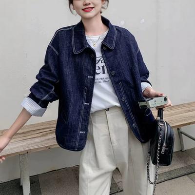 Womens Korean Style Striped Cuff Collar Denim Jacket 2026 Lightweight Casual Outerwear Petite