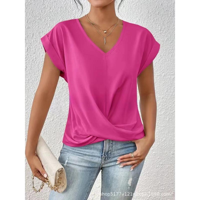 Camiseta elegante de manga corta con cuello en V en color liso para mujer, nueva primavera y verano