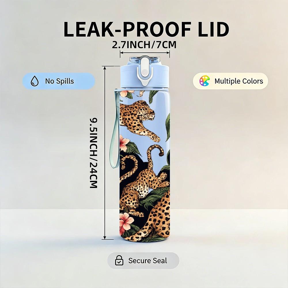 1PC Leopard Among Red Flower Print 750ml Color Plastic Sports Water Bottle Leakproof Flip Straw Lid Suitable for Sports Office Home Use