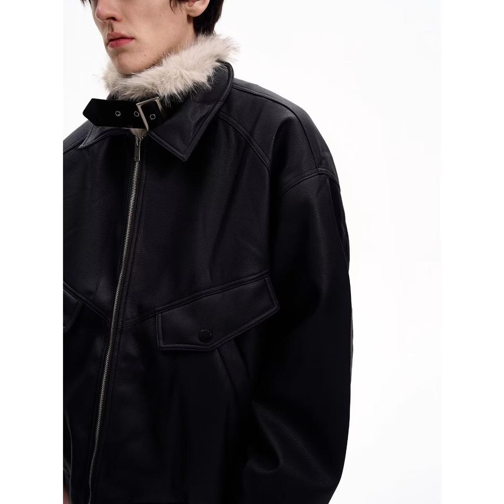 Autumn and winter national tide brand couple American retro mountain carving fur collar jacket padded cotton thickened warm cotton clothes black spot