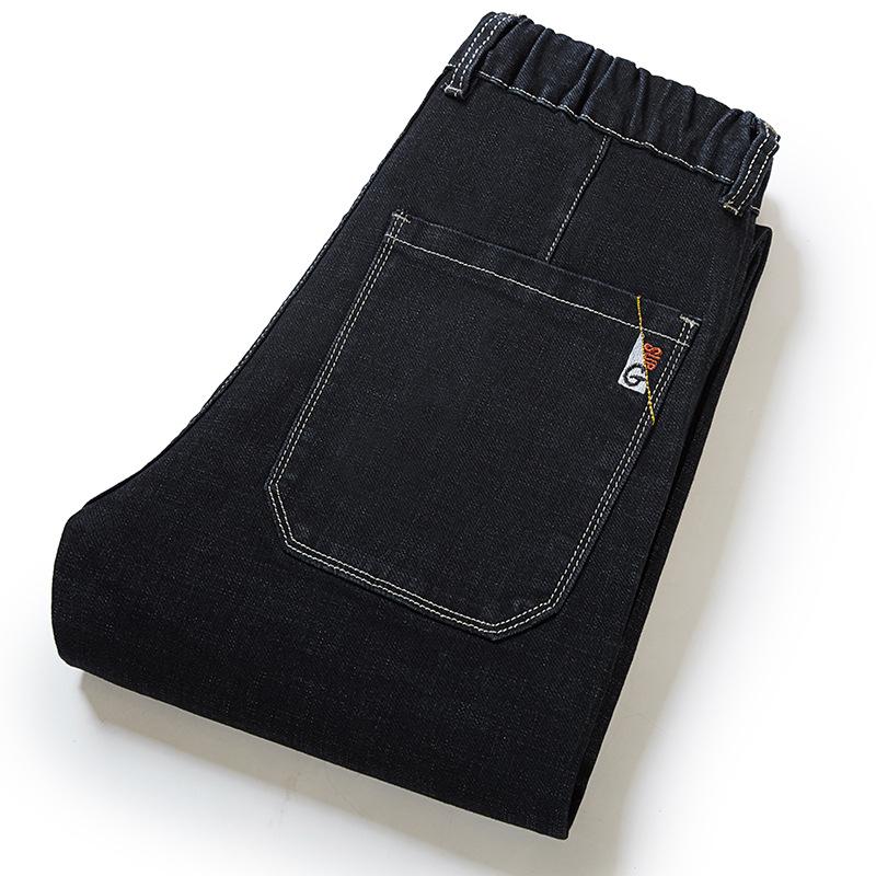 Plus Size Men's Straight-Leg High-Waisted Denim Trousers with High Elasticity