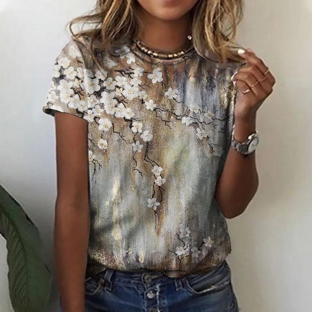 Women's T-shirts Fashion Floral Theme T Shirt Floral Plants Tees Summer Clothing Basic Female Tops Print
