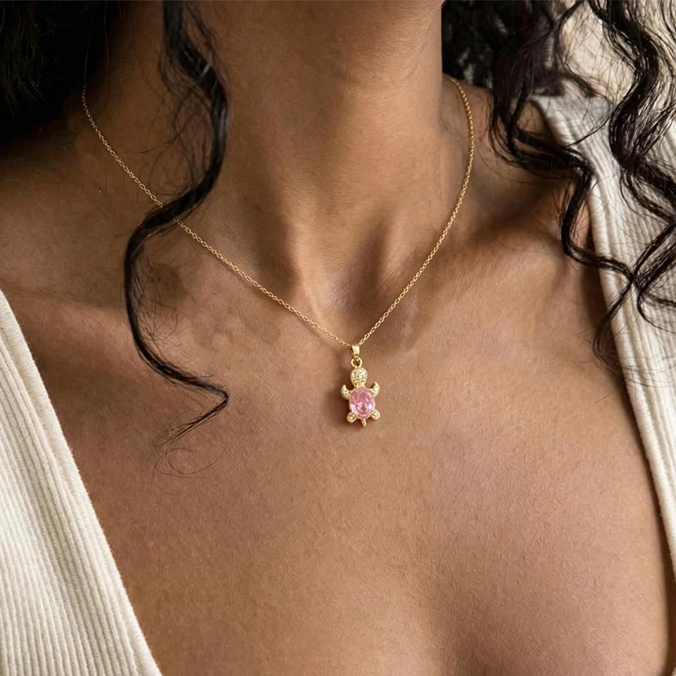 ZAKOL Stainless Steel Pink Sweet Cute Animal Crystal Tortoise Necklace Earring Set Women Girls Exquisite Jewelry Sets Gift