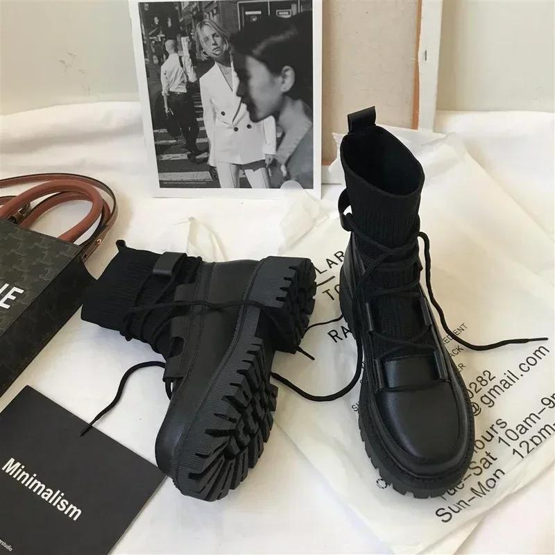 2025 New Women Motorcycle Boots Ladies Casual Stretch Fabric Socks Boots Fashion Cross-tied Women Shoes Platform Boots Gothic