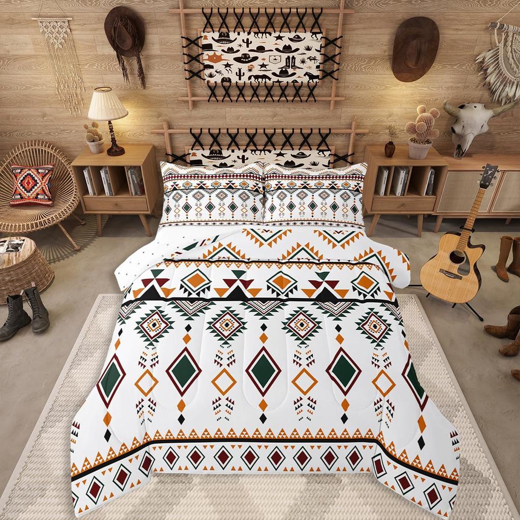Erosebridal Western Aztec Comforter Set King Size, Boho Farmhouse Bedding Set for Kids Boys Teens Ethnic Southwest Bull Skull Cow Quilt Amer