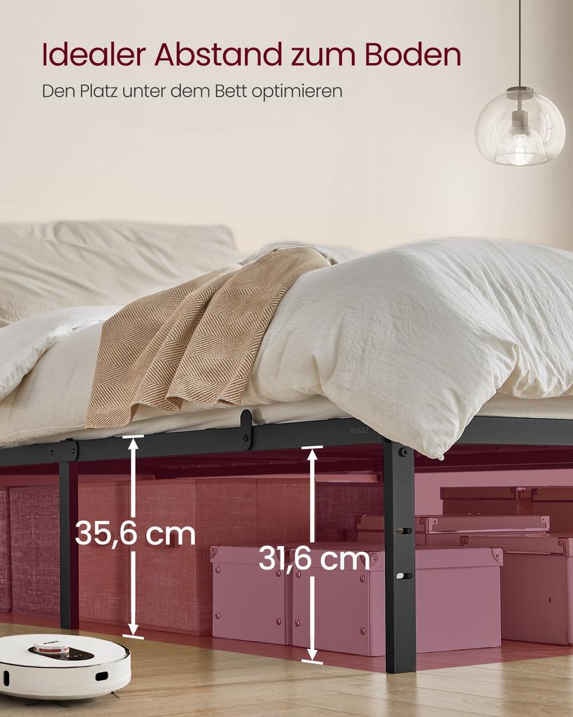 VASAGLE Bed Frame 140 x 200 cm with Metal Base, Metal Frame, Storage Space, Modern, Guest Bed, Easy Assembly, Ink Black RMB134B01