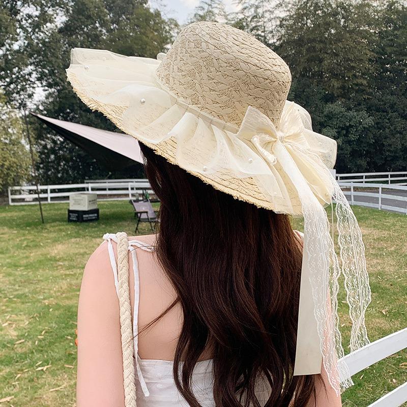 Summer Bow Sun Hat Female, Seaside Beach Vacation Sun Hat Outdoor Big Brim Sun Hat Sweet Straw Hat