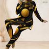 Women Plus Size Round Neck Long Sleeve Printed Dark Green Two Piece Set Longline Top And Fitted Pants