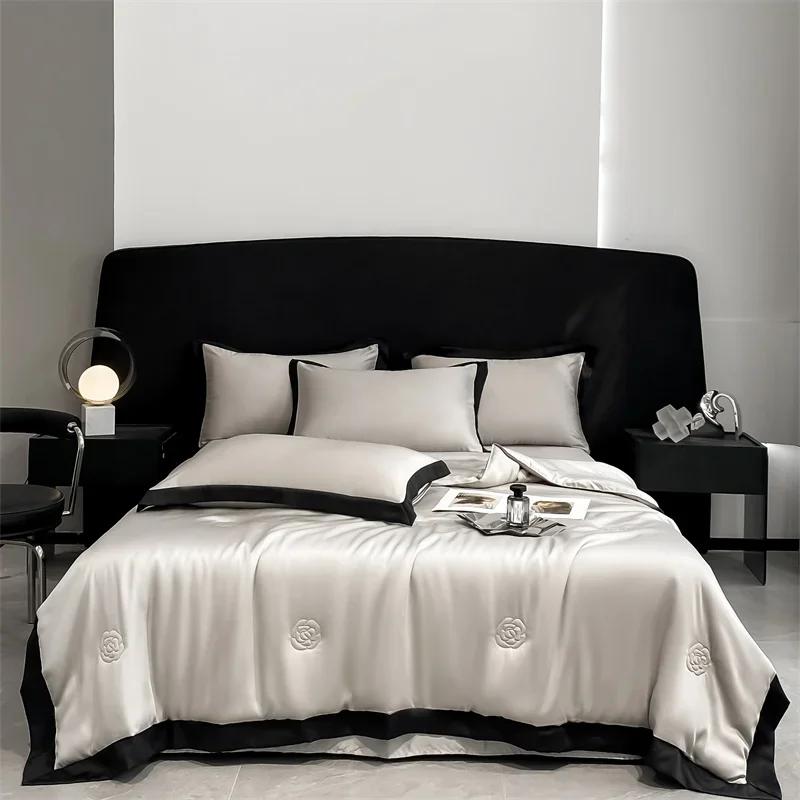 100% Washed Silk Quilt For Summer Embroidery Smooth Ice Cooling Bedspread Silky Blanket For Beds Luxury Summer Comforter For Bed