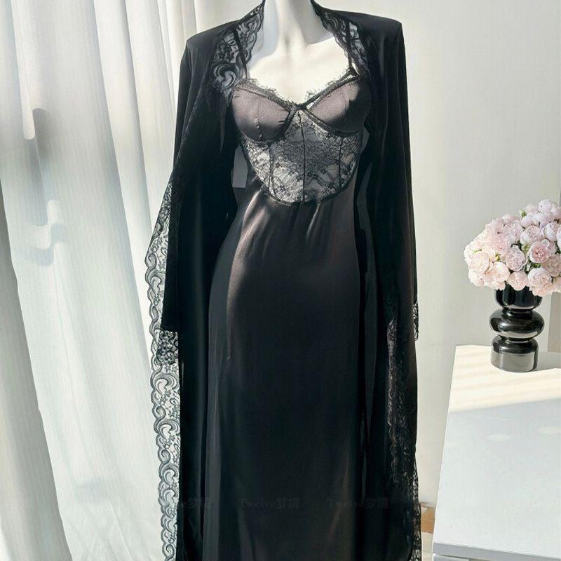 Jingluo Lady Small Bust Sexy Sling Pajamas With Chest Pad Lace Ice Silk Nightdress Long dress To Ankle Exta-long