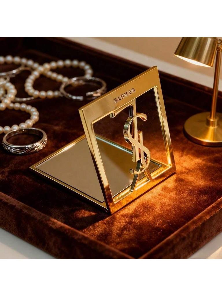 YSL auksinis kvadratinis veidrodėlis, aukštos kokybės, didelis logotipas, patogus nešiotis, puikiai tinka pasitaisyti makiažą ir kasdieniam naudojimui.