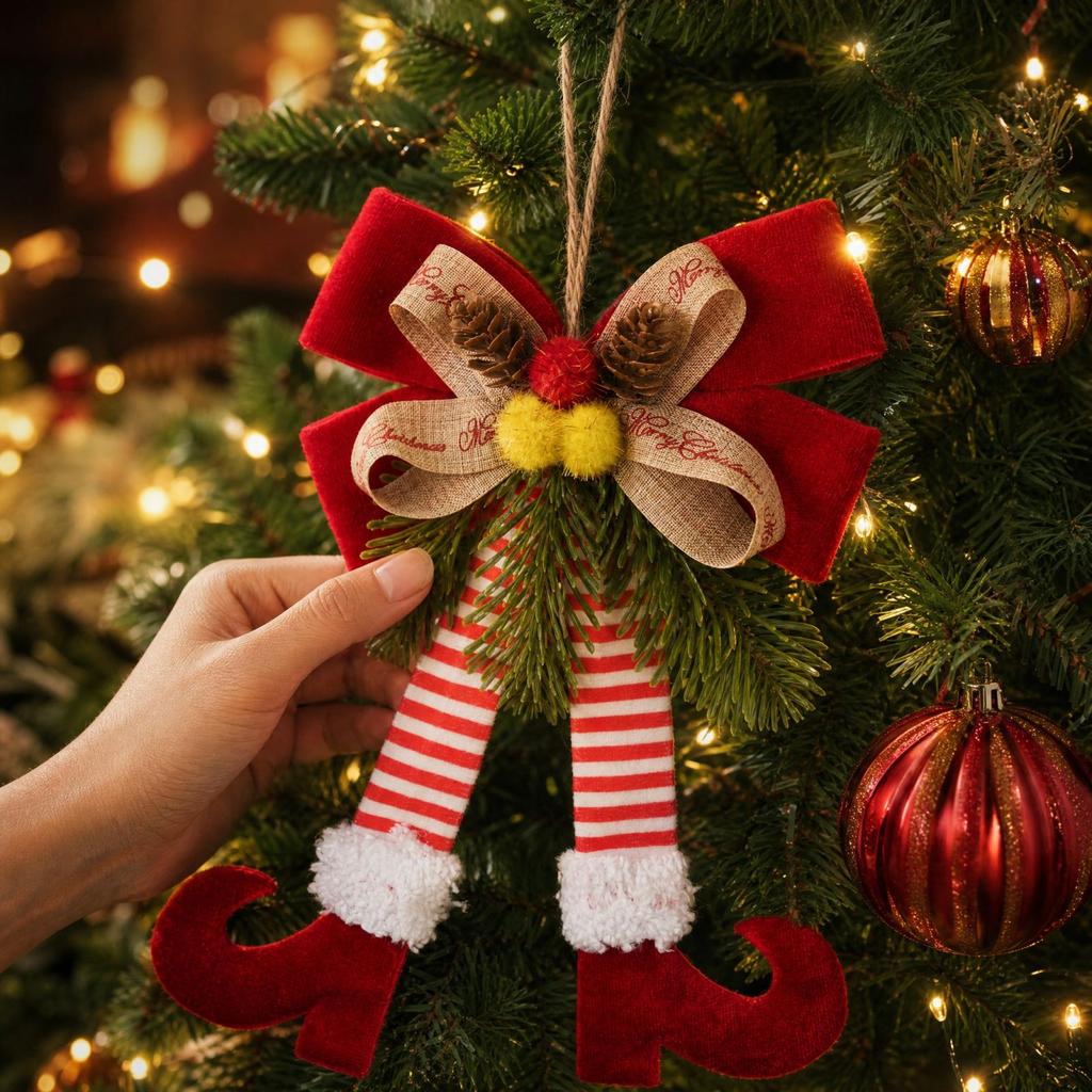 Christmas Hanging Ornament with Red and Green Legs, Striped Pants and Curled Toe Shoes for Holiday Tree Decor