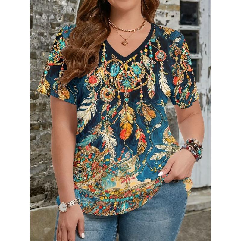 Summer Ethnic Style Floral 3D Print T-Shirts Women's V-Neck Short Sleeve T Shirt Y2k Harajuku Tees Casual Tops Female Clothing