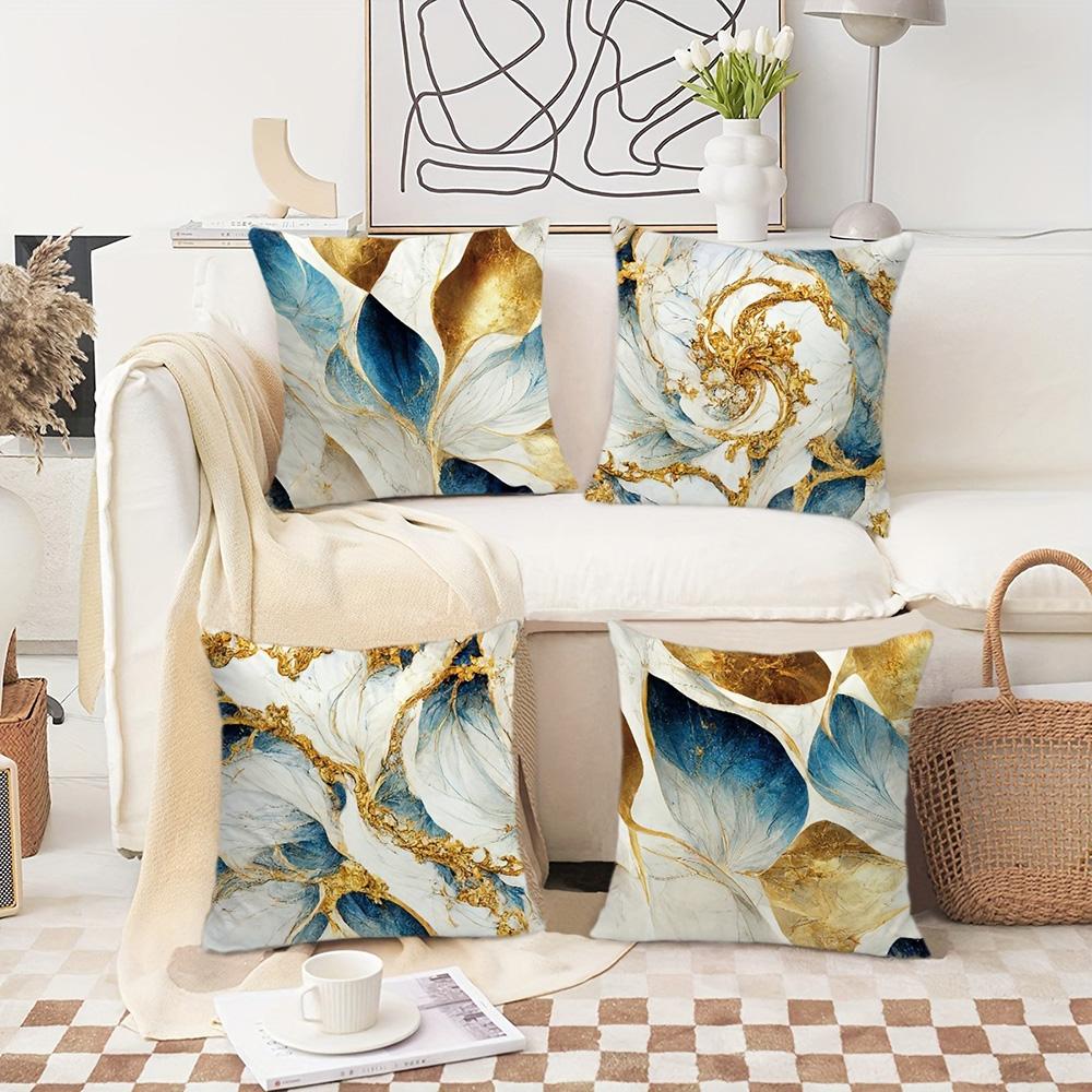Marmor-Inspirierte Blau und Gold Gemusterte Kissenbezüge: Elegante Heimdekoration Sofakissenbezug Heimzimmerdekoration 2D-Flachdruck