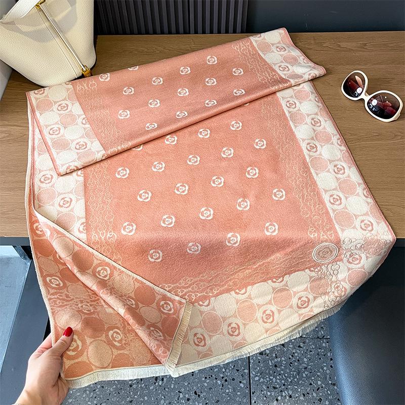 Imitation cashmere scarf girl style simple camellia printing double-sided soft breathable advanced sense