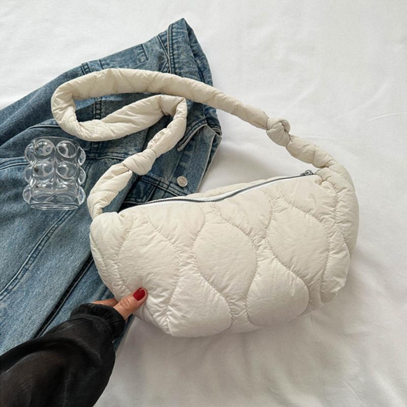 Female Puffer Shoulder Bag Trendy Soft Down Pillow Shopper Bag with Zipper Quilted Simple Crossbody Bag for Teenage Girls
