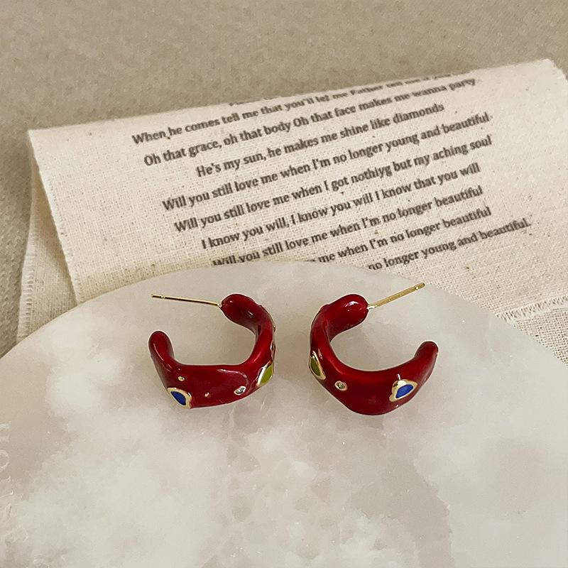Red Oil Drip Colored Diamond Love Stud Earrings Women'S Unique Design Sense Personality Exquisite Light Luxury Elegant Versatile Earrings
