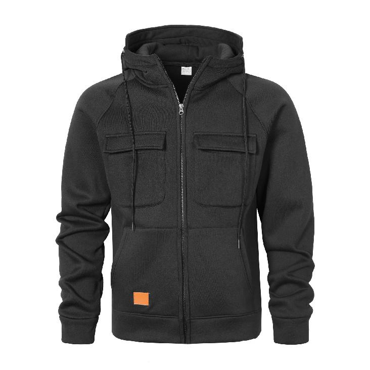 

Autumn And Winter Hooded Loose Standing Collar Casual Sweatshirt Men S Multi-Pocket Cardigan Zipper Jacket Man S чорний