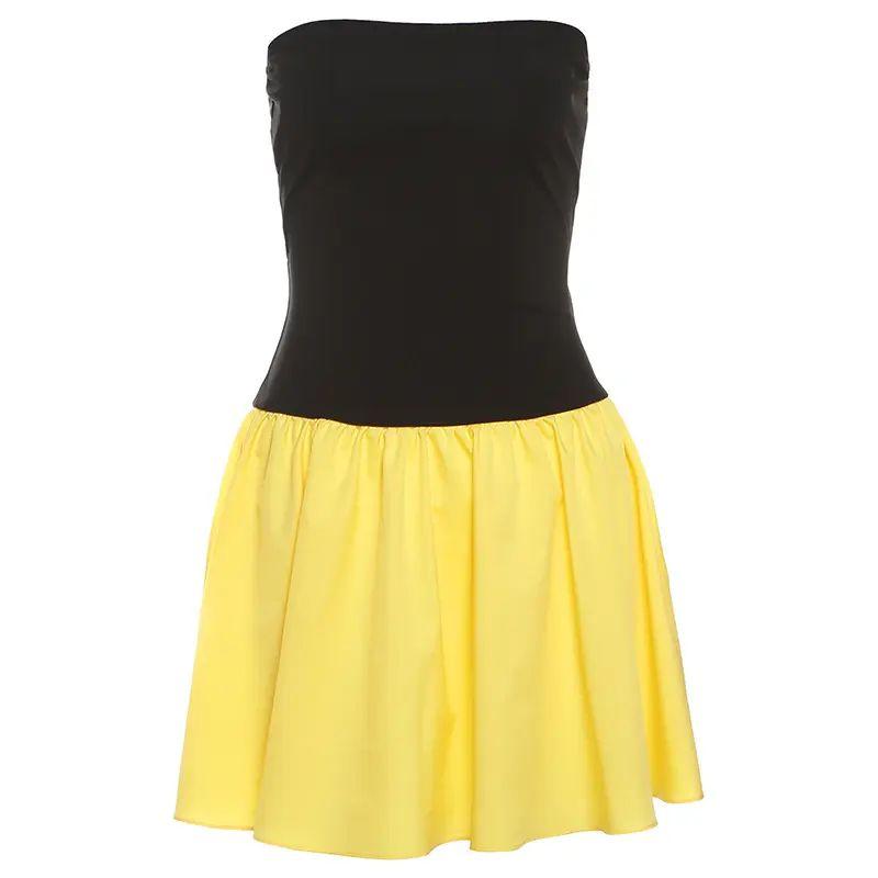 

Fashion Style Women s Clothing Fashion off-Neck Contrast Color Stitching Pleated Silm Dress One Shoulder Dress New Yellow L