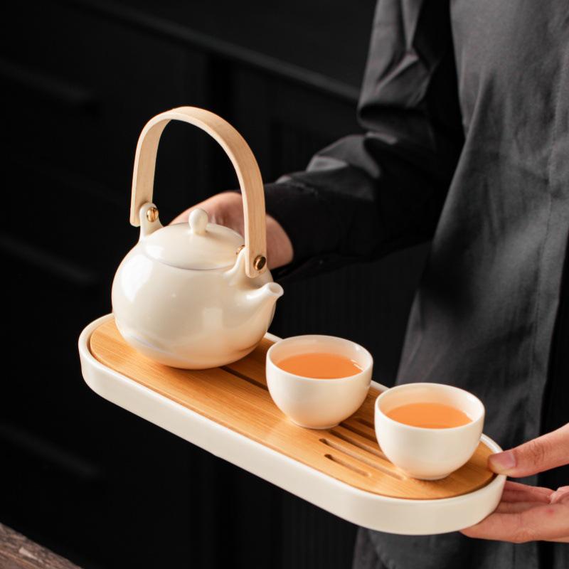 Ceramic Cream Style Teapot and Kung Fu Tea Set with Handle - Perfect for Hotels, B&Bs, Business Gifts, Custom Logo Available