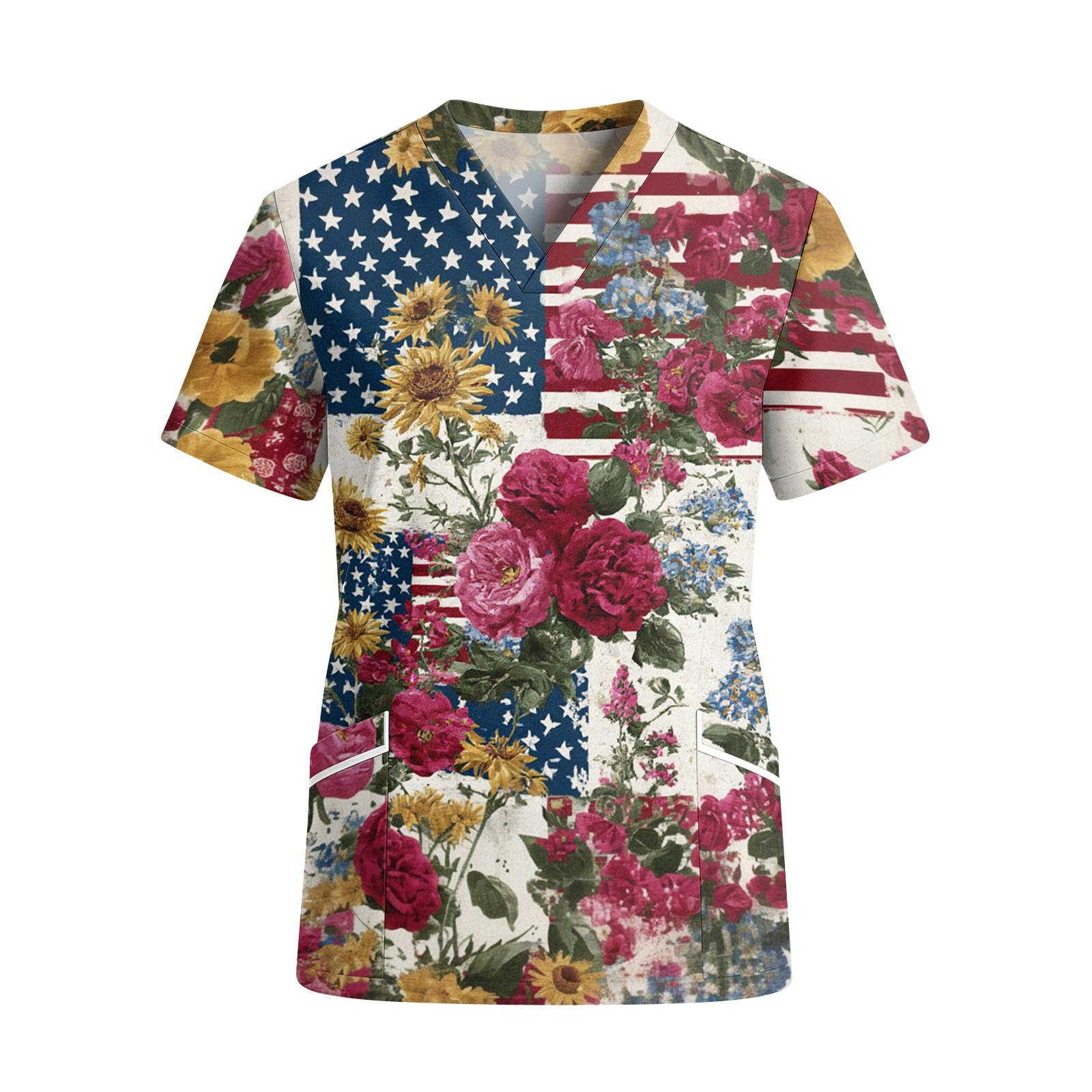 

Women s V Neck Short Sleeve Work Top with Pockets Independence Day Print Medical Scrub Shirt for Healthcare Professionals XXL