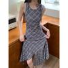 American vintage plaid sleeveless dress women's summer new niche irregular vest skirt midi length