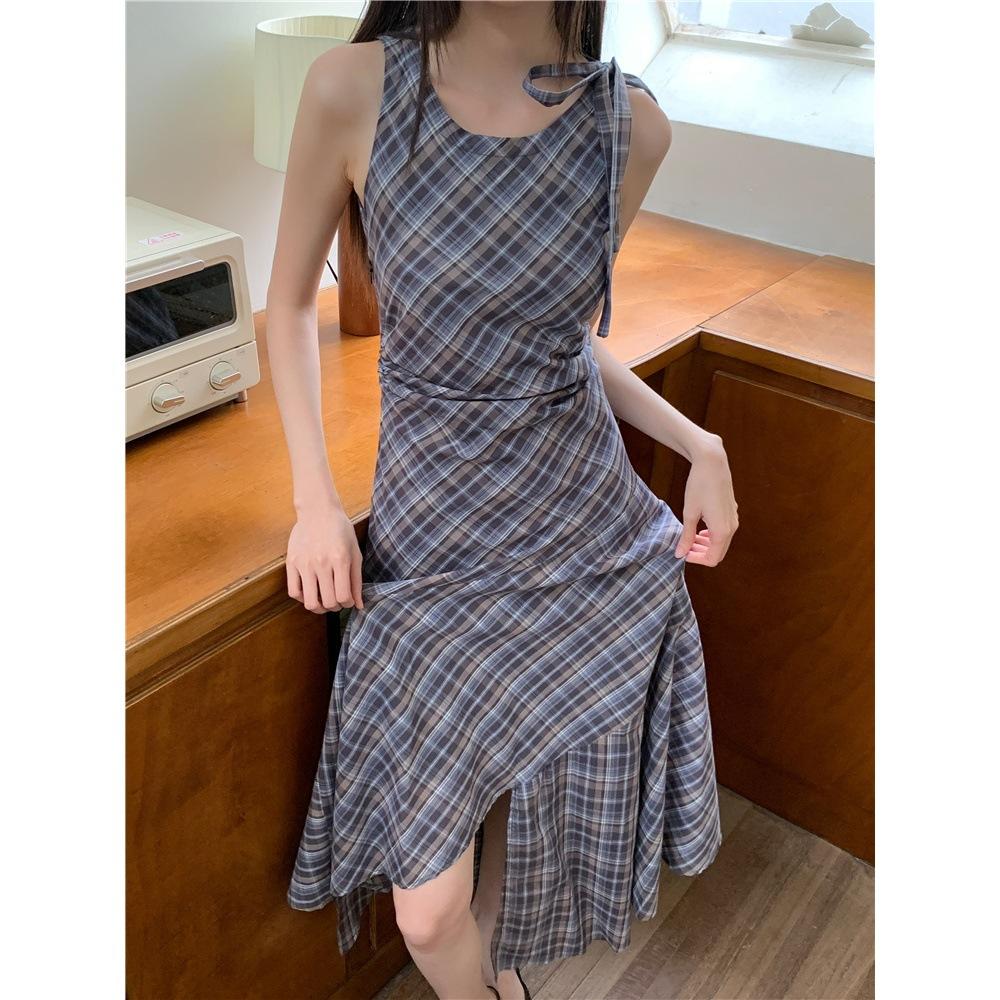 American vintage plaid sleeveless dress women's summer new niche irregular vest skirt midi length