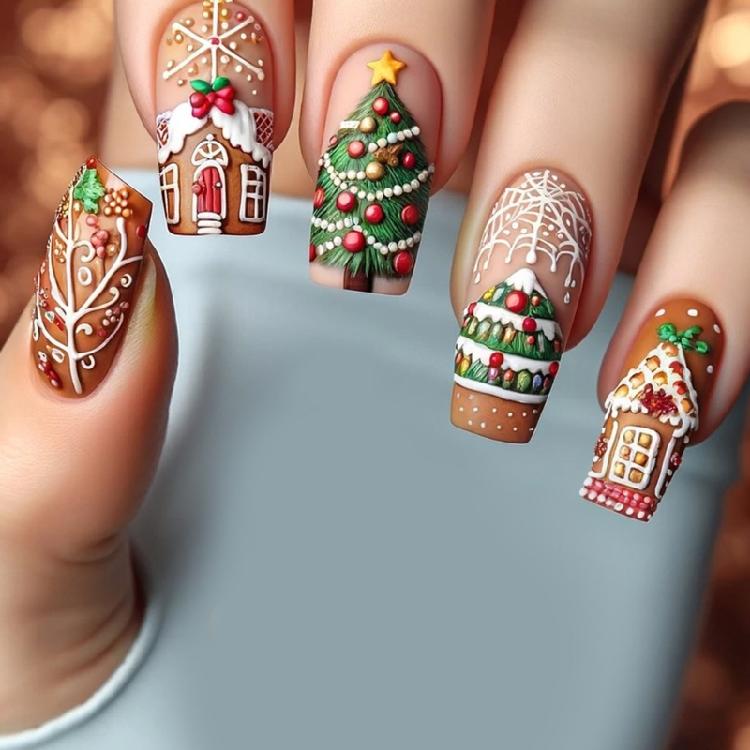 24pcs Christmas Nail Art Set with Chocolate House and Snowflake Patterns Press On Nail Stick On Nail for Festive Looks