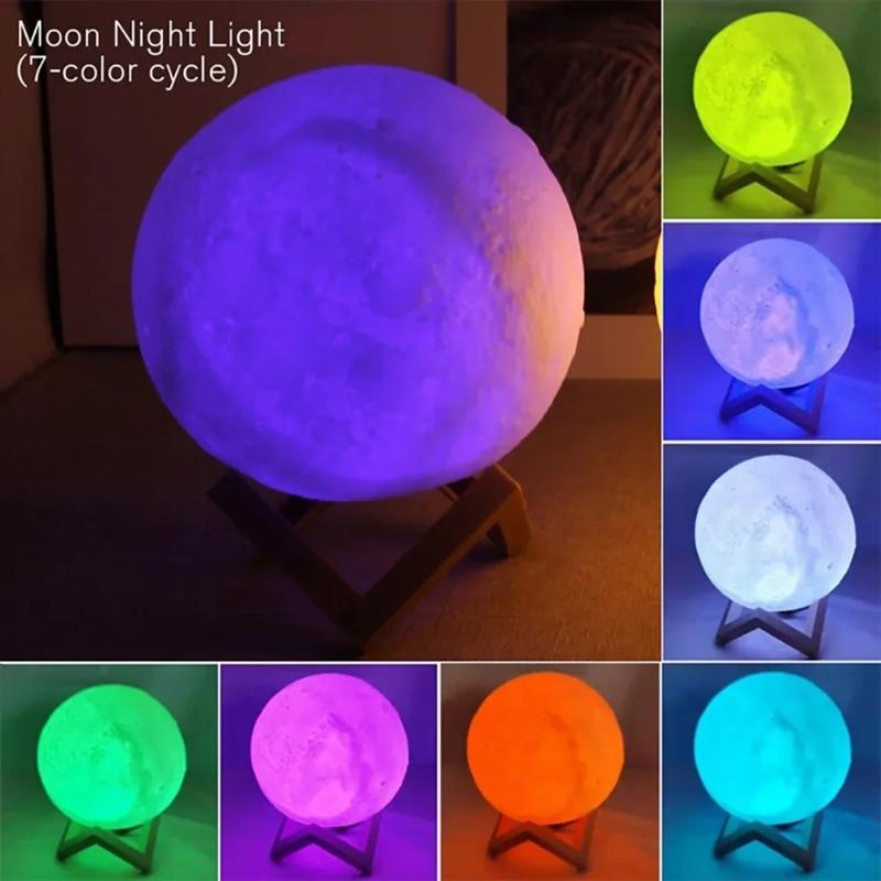 Led Moon Lamp Night Light With Stand 8/12cm Table Print Bracket Battery 3D Lights Warm white multicolor On Home Lamps Romantic
