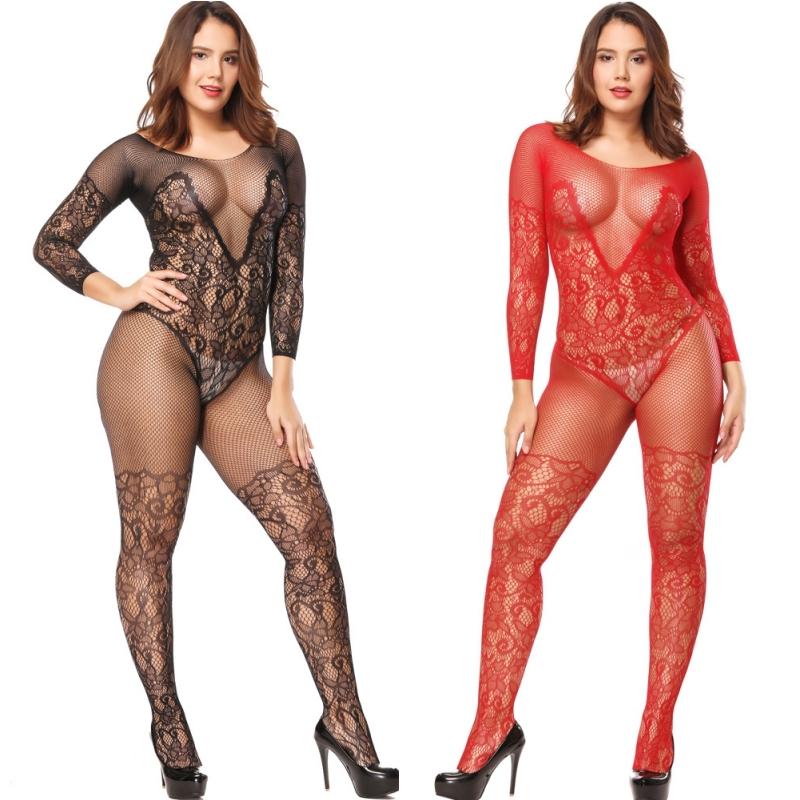 Dámská síťovaná bodystocking s dlouhým rukávem Sexy spodní prádlo Spodní prádlo Body punčochy velké velikosti Sexy oblečení
