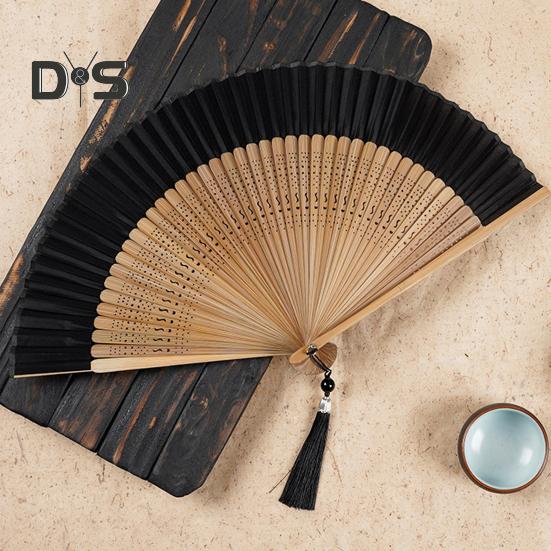 Folding Fan with Tassel Hollow Out Faux Silk Bamboo Stronge Hinge Chinese Vintage Style Photo Prop Party Decoration Supply Classical Dance Prop