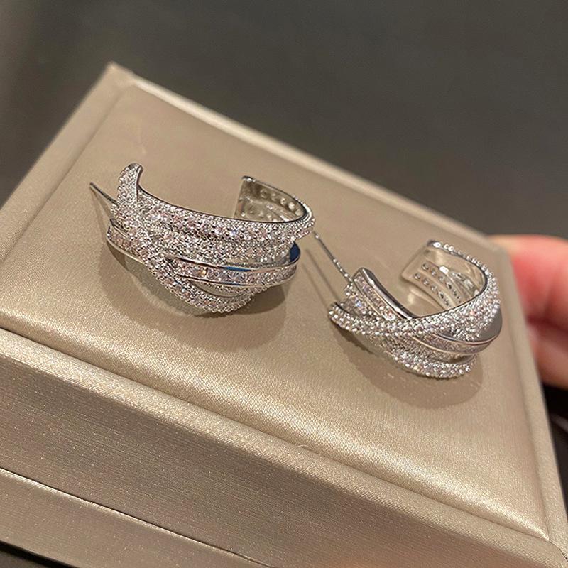 Huitan Gorgeous Hoop Earrings with Bright Zirconia Female Daily Party Fashion Cross Line Design Ear Accessories for Wome