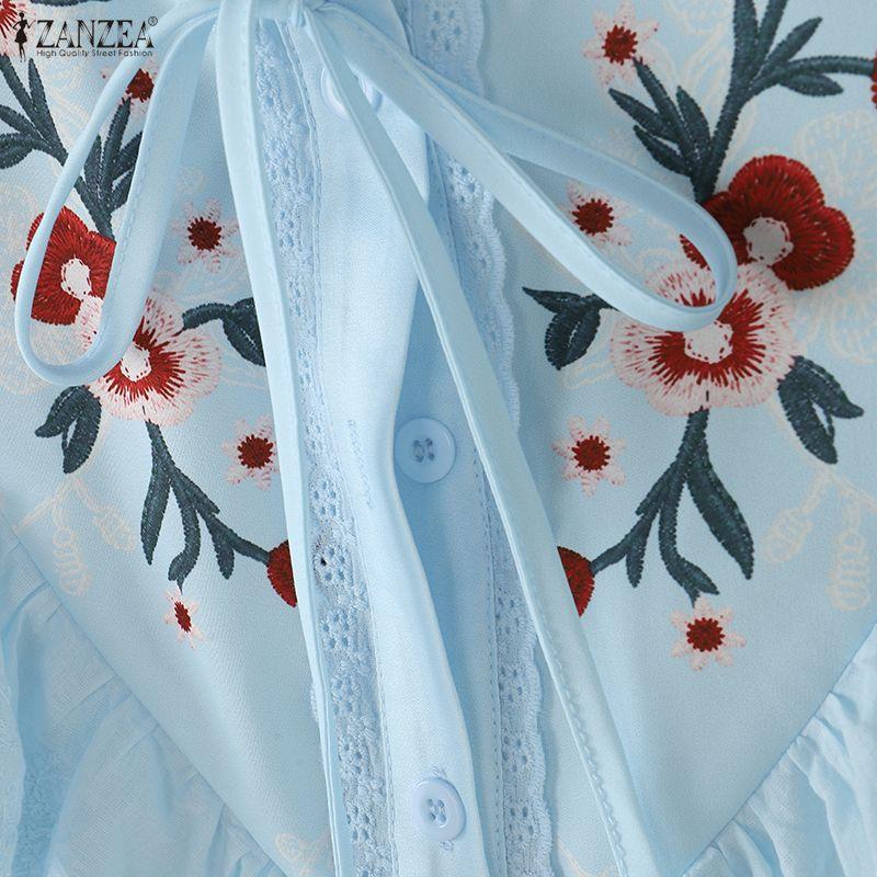 ZANZEA Women Summer Lace Splice V-Neck Floral Print Casual 3/4 Sleeve Blouse