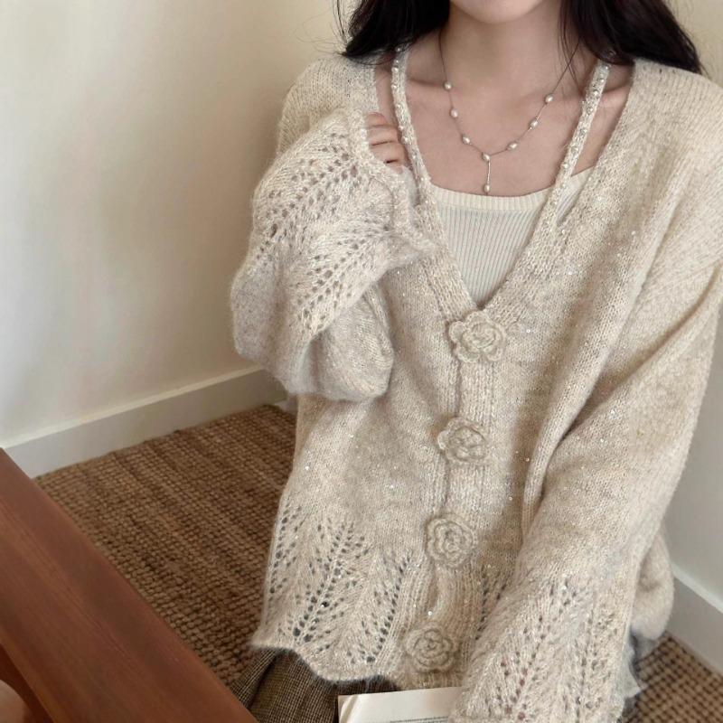 Beaded three-dimensional flower sequin knitted cardigan autumn and winter new loose and gentle wind sweater jacket women