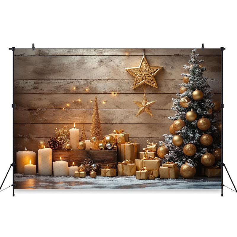 Christmas Tree Backdrop Photography Baby Shooting Props Golden Ball Star Gifts Candle Wood Wall Background Decorations Photozone