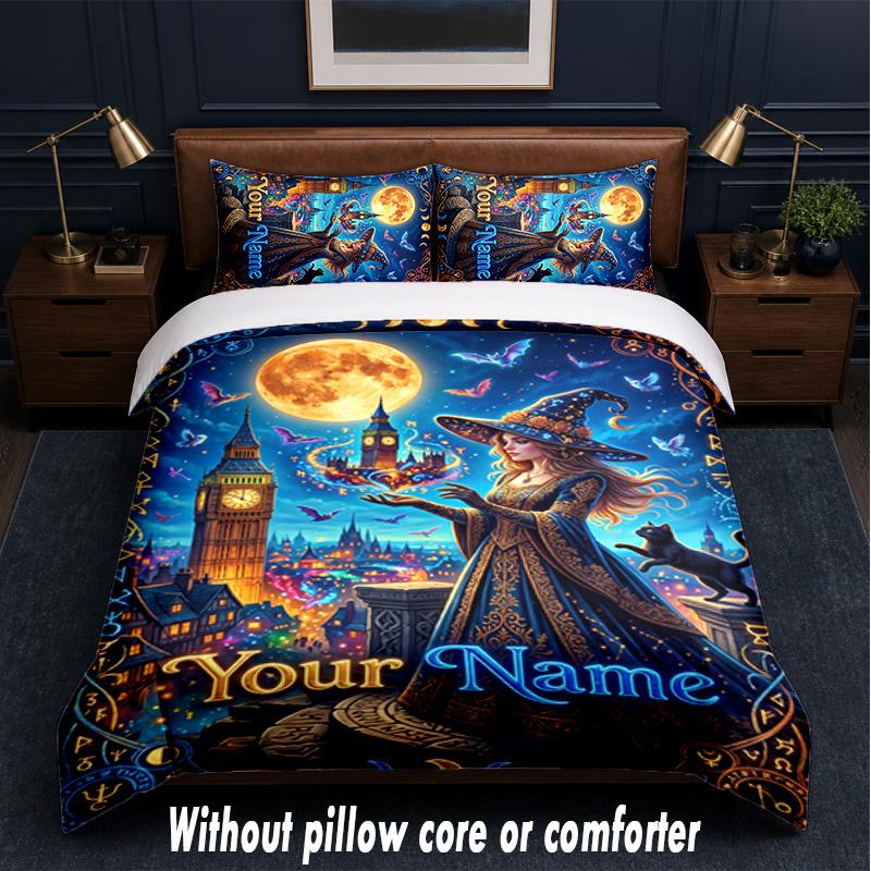 Witchcraft Theme Custom Text Or Name 3Pcs Bedding Set,1 Flat Sheet & 2 Pillowcases Personalized Home Bedding