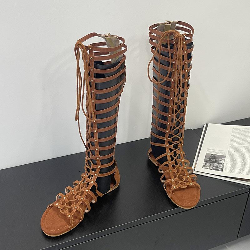 Móda Nová Móda Šněrovací Obuv Baleríny Ženy Kozačky nad Koleno Boty Dámské Kulatá Špička Dámské Dlouhé Gladiátorky Sandály Kozačky