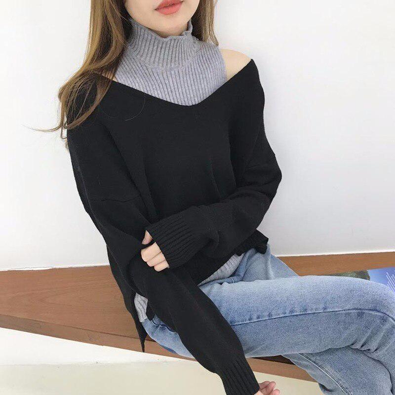 Two-piece Straight Half-high Collar Bottoming Sweater Female Commuter V-neck Loose Long Sleeve Sweater Sweater Women Sets Spring