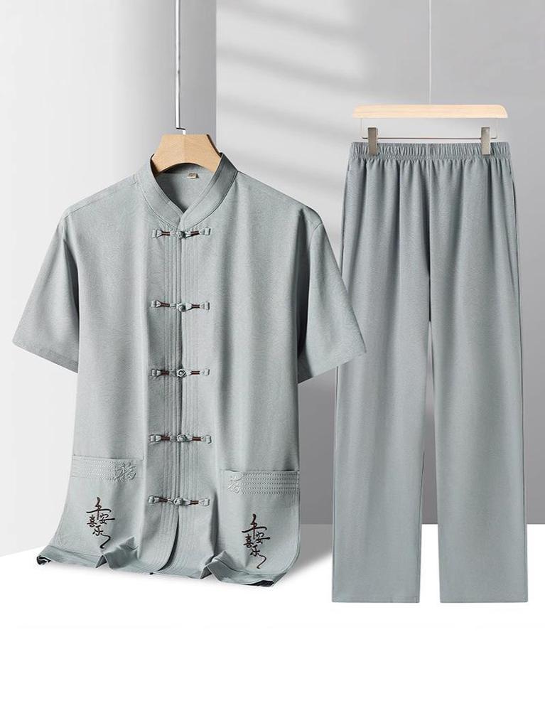 Men's Chinese Style Cotton Linen Short-Sleeved Tang Suit Set for Middle-Aged and Elderly