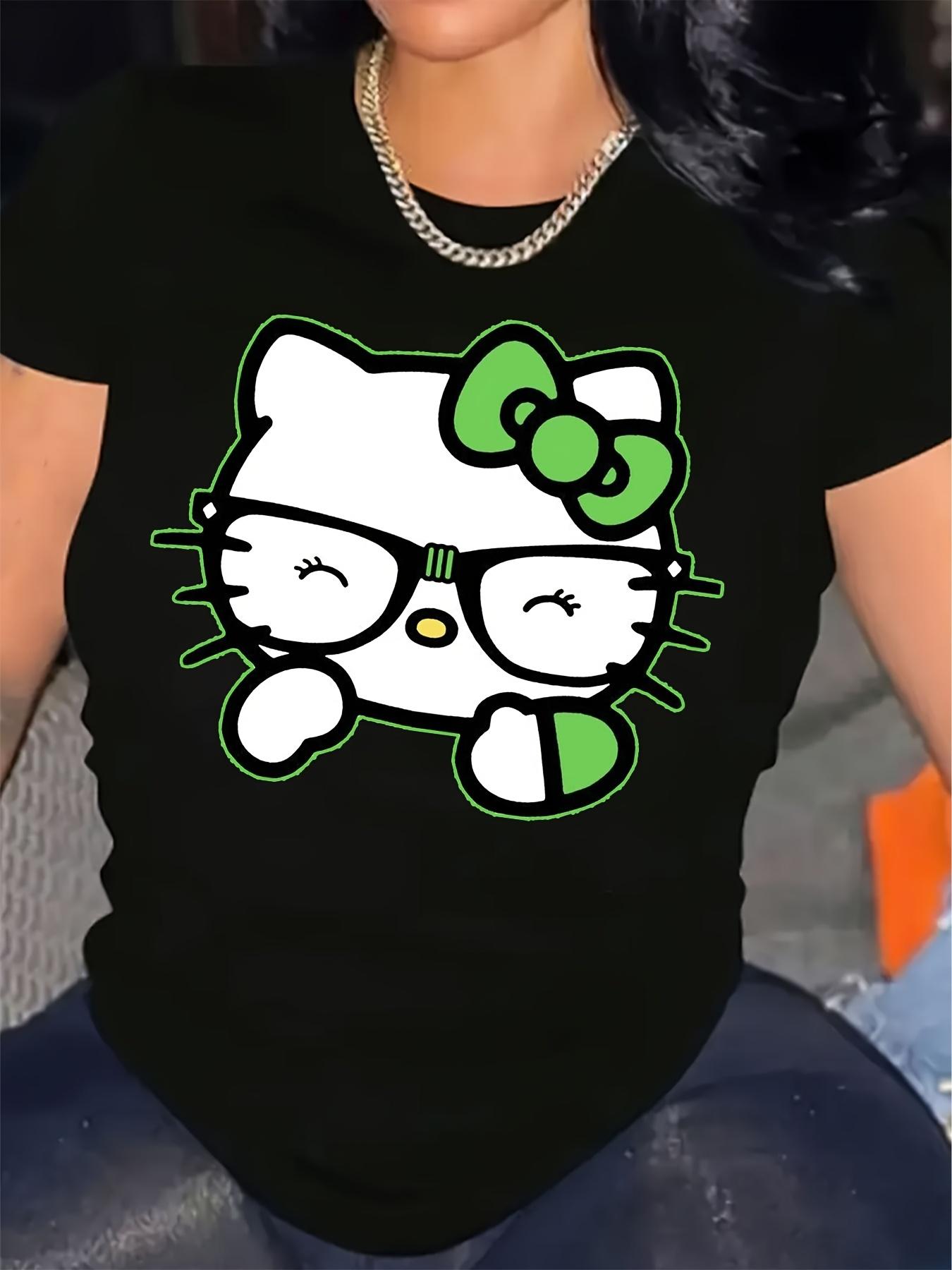 

European size , Sanrio Hello Kitty Women s T-Shirt - St. Patrick s Day 2025 New Year Outfit, Cute Hello Kitty Face Shamrock Print 4XL