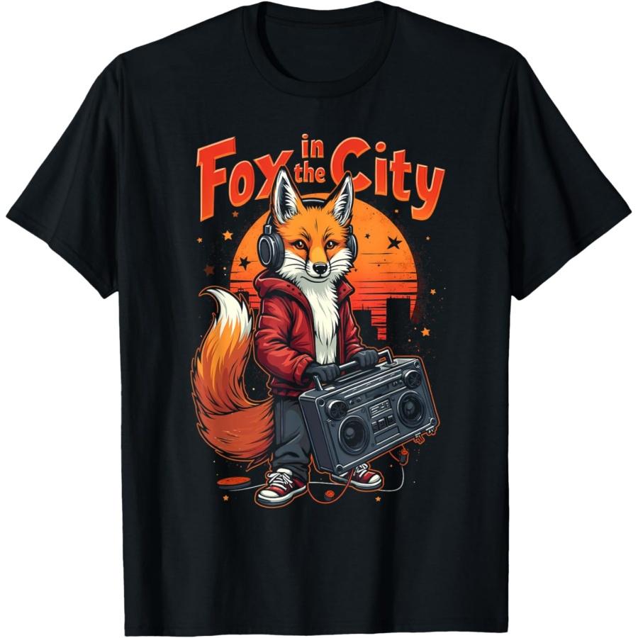 Fox in the City Retro Sunset Hip Hop Fox with Boombox Music T-Shirt XXXXXL чёрный