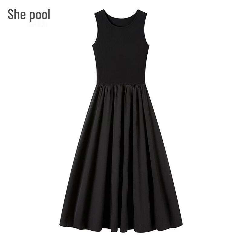 TACHI Women s Solid Round Neck Sleeveless Mid-Length A-Line Dress S