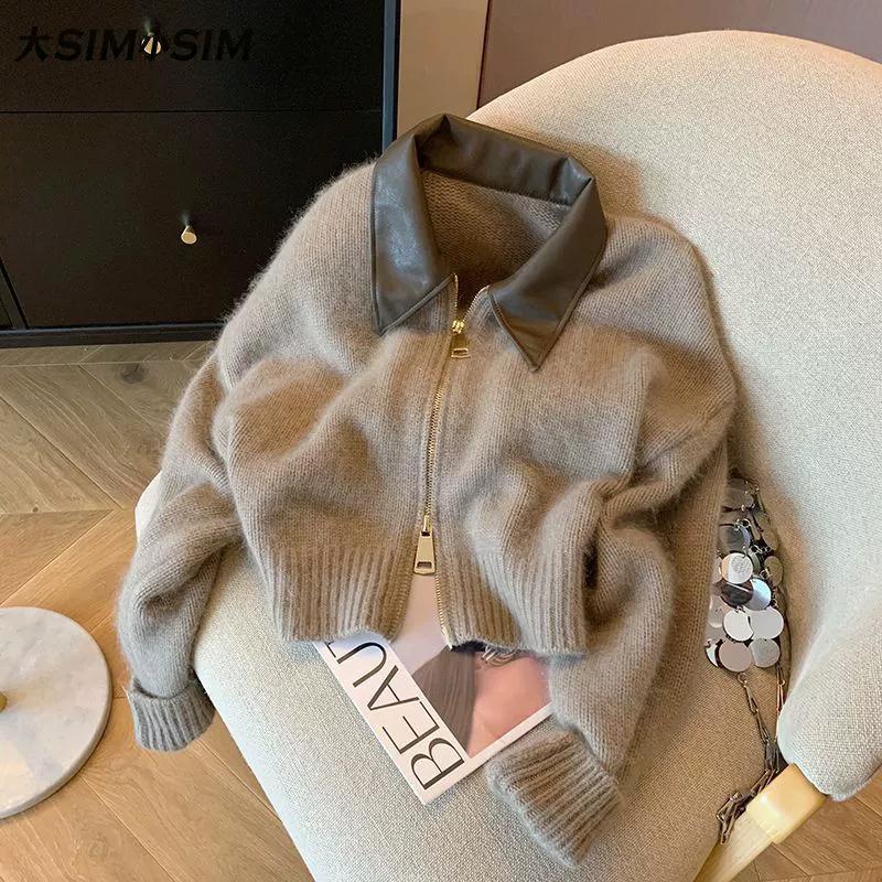 Coat Patchwork Leather Collar Zipper Short Fashion Socialite Spring and Autumn Sweater Cardigan for Women