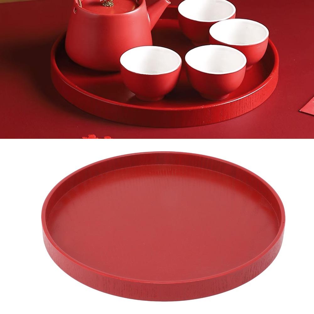 Wine Red Wooden Serving Tray Wooden Round Tea Plate Food Meals Serving Red Serving Tray Tea House