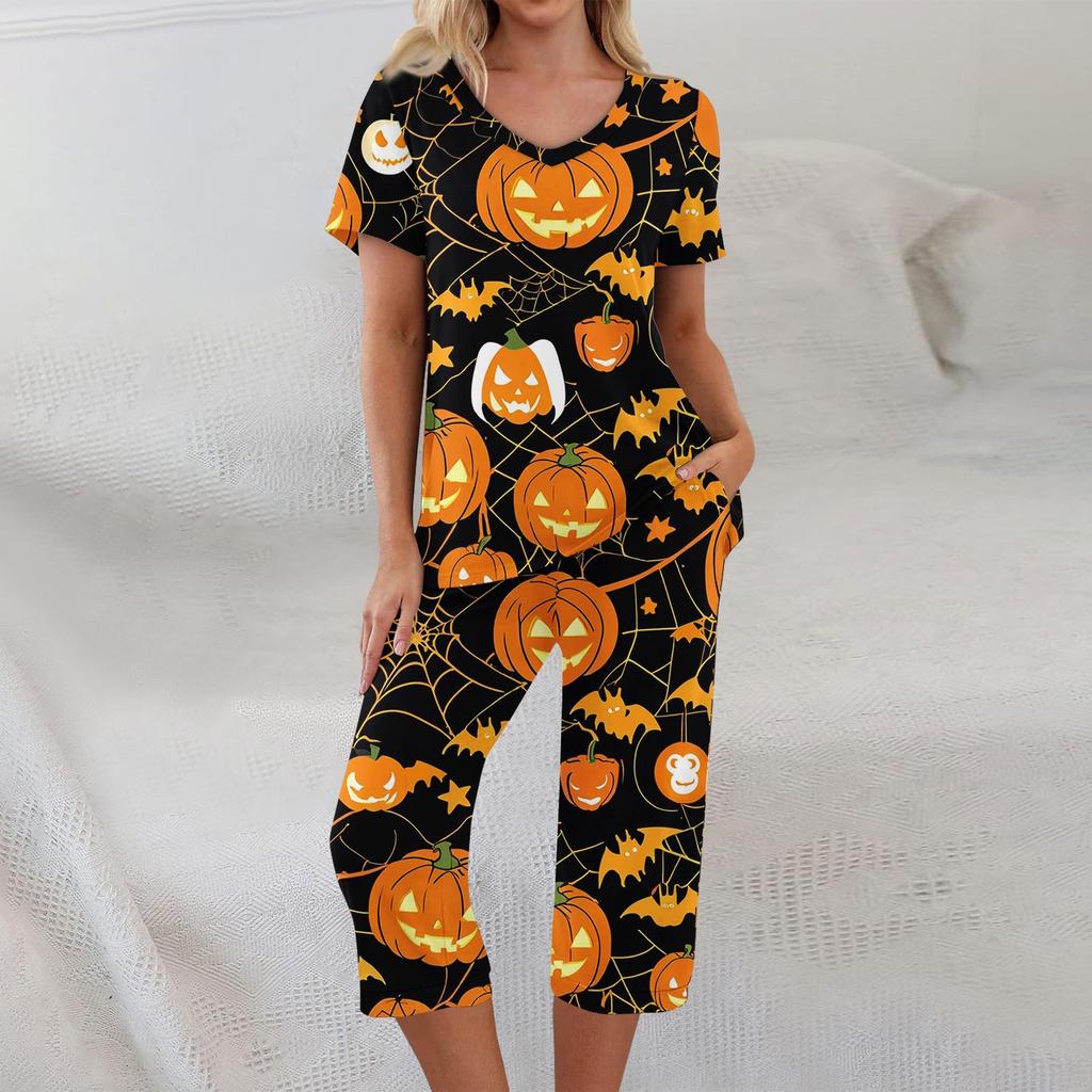 Dvoudílné soupravy pro ženy Krátký rukáv Top a Kalhoty s kapsami Cvičení Měkké Halloweenský potisk Soupravy