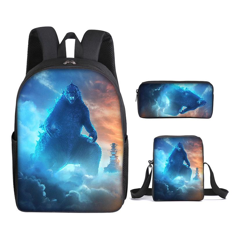 2021 Godzilla Wars King Kong School Bag Three-Piece Combination Set Primary And Secondary School Students Printed Backpack Cartoon School Bag