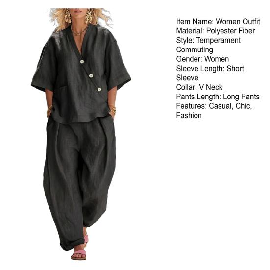 Damen 2-teiliges Outfit: Lässiges Kurzarm-Top mit Knopfleiste und V-Ausschnitt sowie lange Hose mit Taschen, Loungewear-Set für den Sommer, locker geschnitten