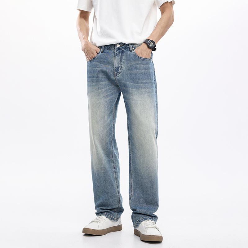 Elastic denim new American trendy brand men's jeans commuter high street loose straight American light-colored denim trousers