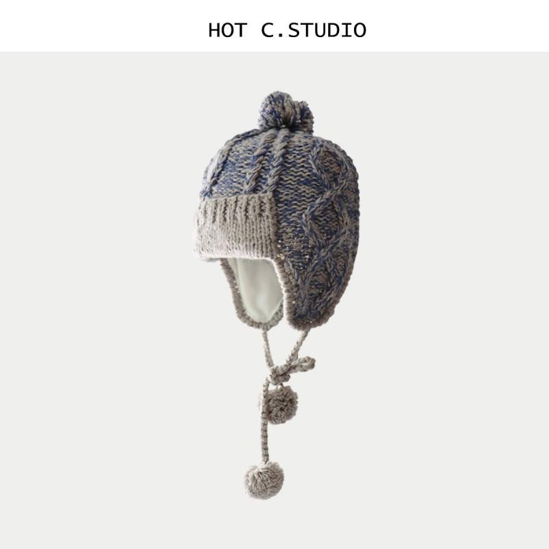 Womens Knitted Ear Warm Beanie Hat Winter Soft Visorless Cap In Blue Gray Beige Casual Chic Style Blue Gray
